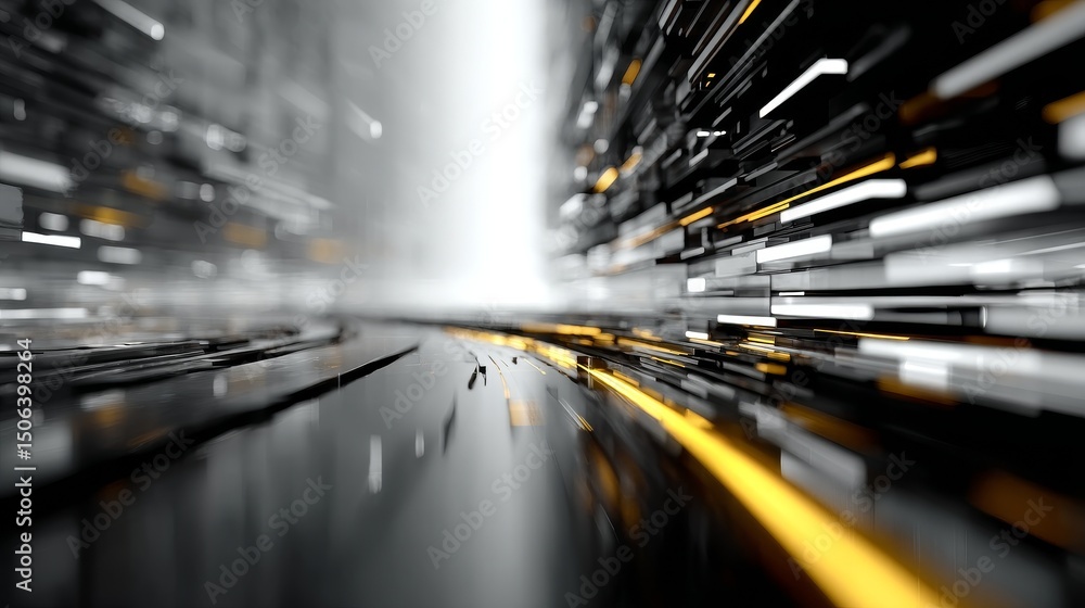 Poster black and white data streams in motion with golden neon accents on a light brutalist background, ult