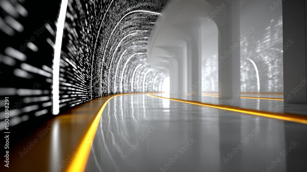 Poster black and white data streams in motion with golden neon accents on a light brutalist background, ult