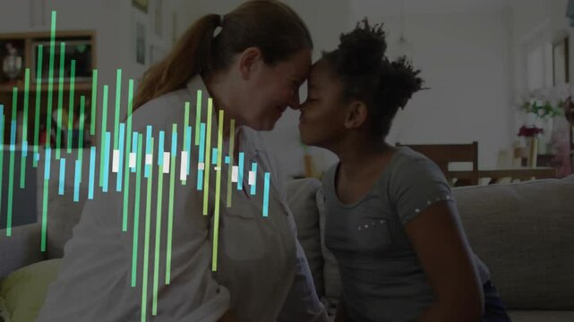 Mother turning toward daughter touching foreheads on sofa for health bonding with pulsing waveforms