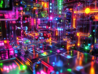 Fototapeta premium Abstract Cyberpunk Network of Glowing Tubes and Components Futuristic Technology Complex System Neon Colors Data Flow Artificial Intelligence Machine Learning Digital World