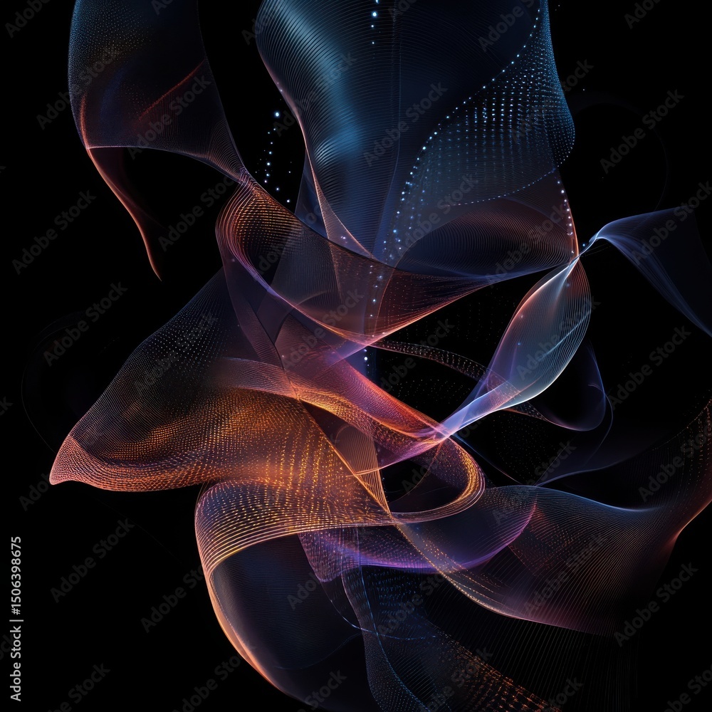 Poster abstract flowing shapes with glowing particles and mesh on a black background a modern and elegant d