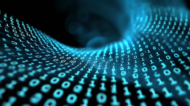 Abstract, digital binary stream visualized as a textured field, lit with cool blue light against a dark backdrop