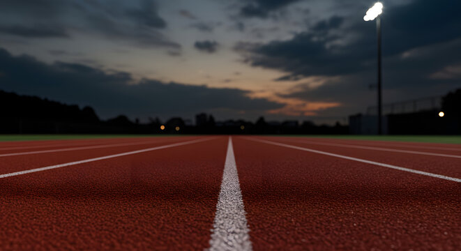 Running track at dusk, under a dramatic sky. The red running lanes stretch towards the horizon, inviting runners to compete.