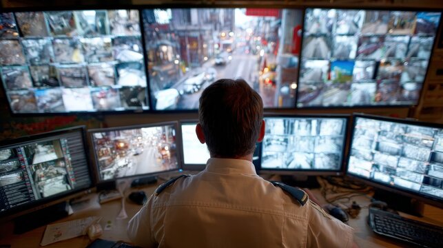 Surveillance Security Monitoring: A security professional is diligently observing multiple screens, showcasing various camera feeds of a bustling city scene.