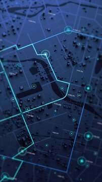 Vertical video 3D smart city map with glowing data points and geolocation markers for GPS tracking navigation urban tech and futuristic city concept