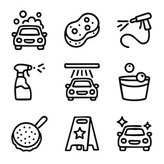 Fototapeta na wymiar A set of doodle line icons featuring car wash tools, cleaning supplies, foam, water spray, and auto detailing equipment