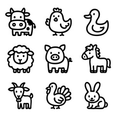 Obraz premium A set of doodle line icons featuring cute farm animals like cow, pig, chicken, sheep, duck, horse, goat, and rabbit
