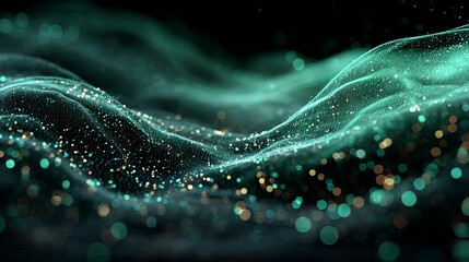 Futuristic technology background with dynamic flowing particle lines in oceanic green gradient, showcasing advanced high-tech conference visual concept with uniform particle distribution