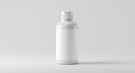 A minimal cosmetic bottle with a blank label and smooth cap, front facing view, centered on a clean white background
