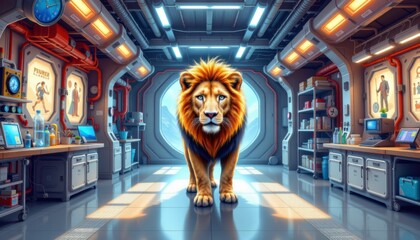 Majestic Lion in Futuristic Laboratory Pixel Art Digital Painting