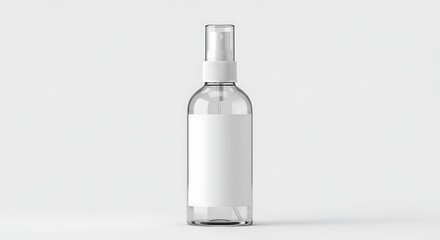 A front facing mockup of a transparent cosmetic spray bottle with a plain label, centered on a clean white background
