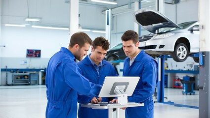 Obraz premium Group of Mechanics Analyzing Vehicle Problem Using Laptop