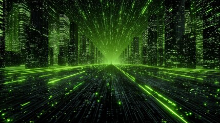 Futuristic technology background with dynamic flowing particle lines in oceanic green gradient, showcasing advanced high-tech conference visual concept with uniform particle distribution