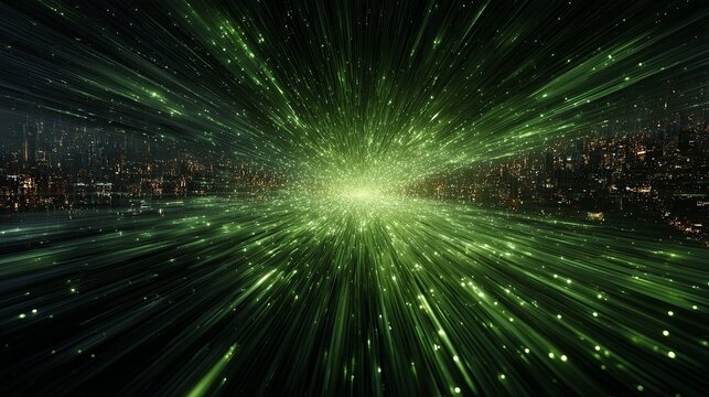 Futuristic technology background with dynamic flowing particle lines in oceanic green gradient, showcasing advanced high-tech conference visual concept with uniform particle distribution