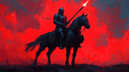 A fearsome chainmail clad warrior brandishing a sword rides a powerful horse through a turbulent fiery landscape exuding strength and determination in the midst of a fierce battle or conflict