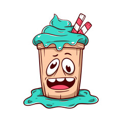Cartoon cup with a blue frosting and a straw sticking out of it. The cup has a funny face and is smiling