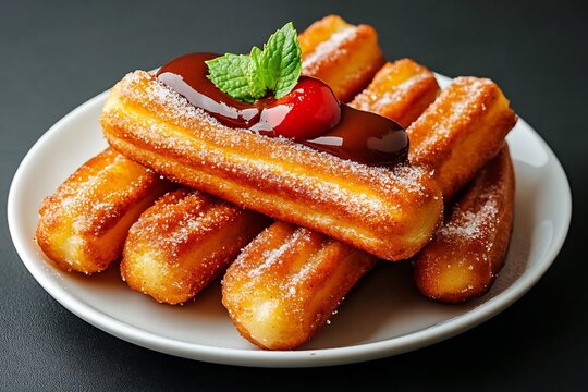 **Churros Dipped In Chocolate Sauce On White Plate, Sprinkled With Cinnamon Sugar --Ar 3:2 --S 430 --V 6.1 --P G8Gxrjv** - @Darya (Relaxed) -# Create, Explore, And Organize On [Midjourney.Com](<Https: