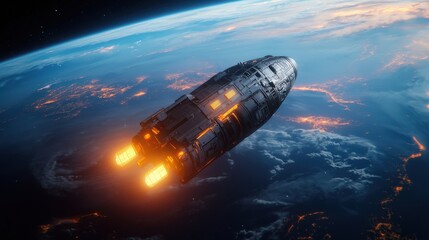 Fototapeta premium A spacecraft soaring majestically above the Earth s atmosphere leaving a trail of flames in its wake as it propels itself towards the vastness of space