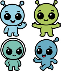Set of Cute Cartoon Alien Characters – Vector Illustration