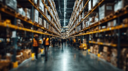 Warehouse Operations: Interior perspective of an active warehouse. Pallet racking system stretches into the distance, filled with boxes and merchandise, with warehouse worker busy at work.