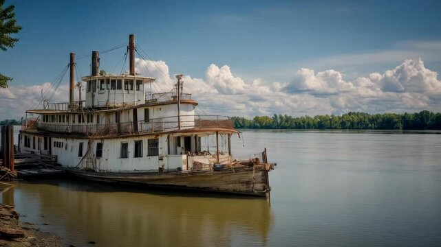 Dilapidated vintage steamboat docked on muddy riverbank with cloudy sky. Historical weathered paddle steamer with peeling paint and rusty details on the waterside.