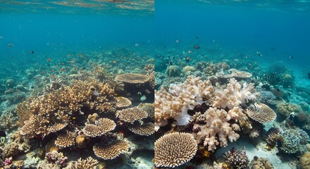 Coral bleaching comparison underwater
