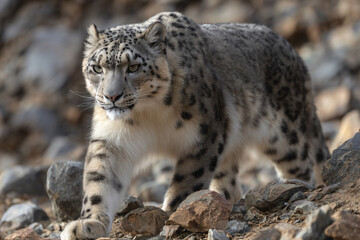 Fototapeta premium a snow leopard walking on a rocky ground