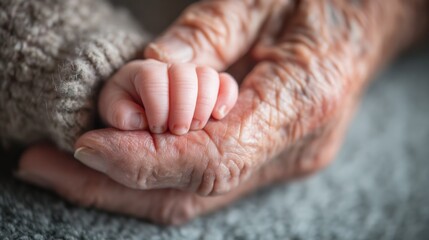 Fototapeta premium A timeless connection between Generations: a tender image captures the delicate touch of a newborn hand cradled within the loving embrace of an elderly hand, symbolizing continuity, heritage.. Ai imag