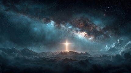 Celestial Beacon: A mesmerizing celestial landscape painting depicts a radiant beam of light piercing through the dense, swirling clouds, illuminating the darkness.. Ai image