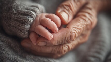 Fototapeta premium Generational Touch: The image captures a tender moment between an older and younger generation. The aged hand gently cradles the tiny hand of an infant.. Ai image