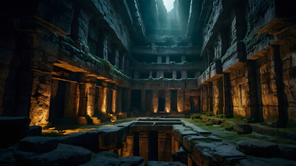 An ancient underground city illuminated by the light of a towering divine giant peering from above the chasm. 