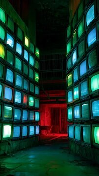 Corridor lined with stacked vintage televisions displaying static, eerie, dark, and colored glow emanating from screens illuminating grime.
