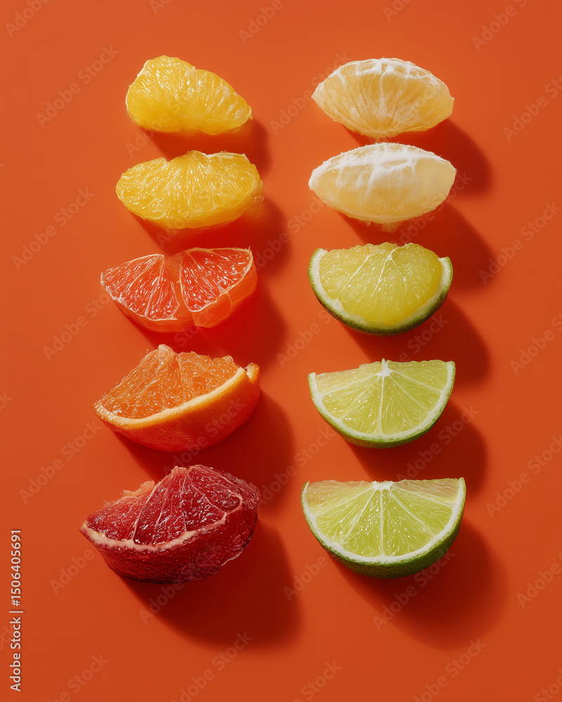 Poster a row of oranges and limes are sliced and arranged on an orange background. the oranges are in vario