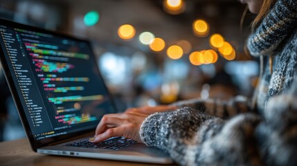 Coding with Focus: A programmer deeply engrossed in coding, her fingers flying across the keyboard of a laptop, creating code, the colorful lines of code fill the screen.. Ai image