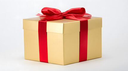 Obraz premium Golden gift box with red ribbon bow, symbolizing luxury and celebration