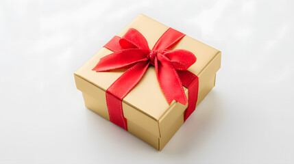 Obraz premium Golden gift box with red ribbon bow, symbolizing luxury and celebration