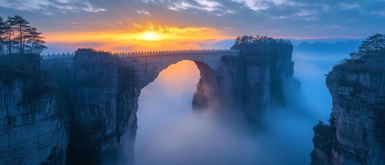 magical glowing bridge that appears at twilight, spanning a mist-filled chasm surrounded by towering cliffs, Generative AI