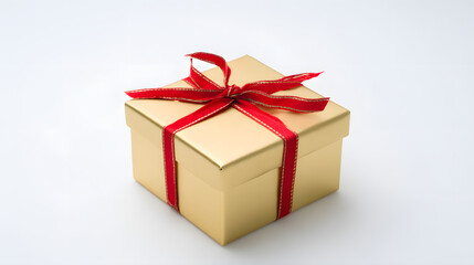 Obraz premium Golden gift box with red ribbon bow, symbolizing luxury and celebration