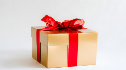 Obraz premium Golden gift box with red ribbon bow, symbolizing luxury and celebration