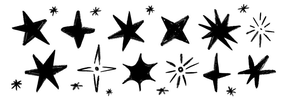 Black crayon hand drawn stars and sparkles set. Childish doodle sparks collection. Grunge rough brush stroke shine element pack for collage, poster, sticker, label. Kid sketched pencil symbols. Vector