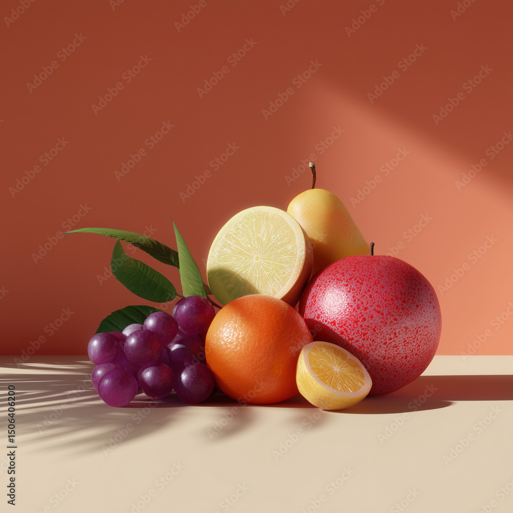 Aufkleber a close up of a fruit display with a variety of fruits including oranges, lemons, and apples. the fr