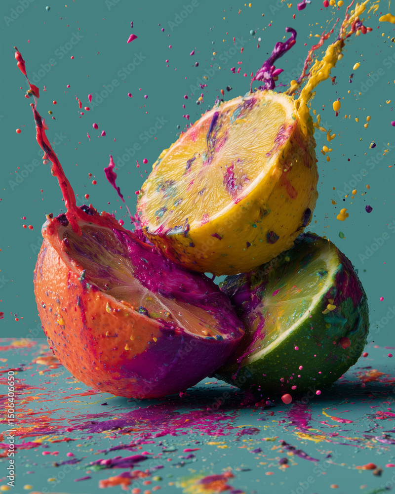 Poster lemon, oranges and a lime are sliced and placed on a table. the oranges are cut in half and the lime