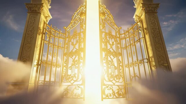 Golden gates open to heaven with radiant light shines through clouds.