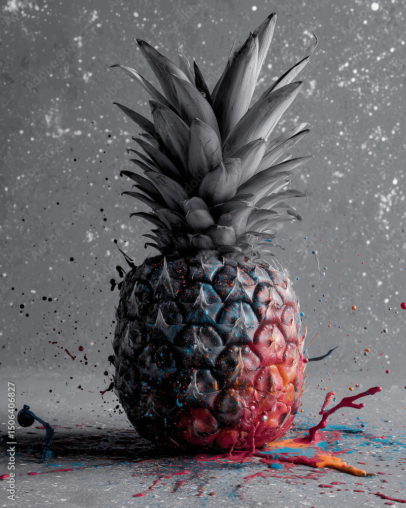 Poster a pineapple is sitting on a table with paint splatters all over it. the splatters are in various col