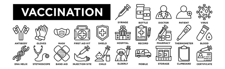 Vaccination icon collection set.Syringe,Vaccine,Bottle,Doctor,Patient,Virus