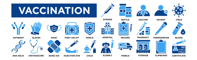 Vaccination icon collection set.Syringe,Vaccine,Bottle,Doctor,Patient,Virus