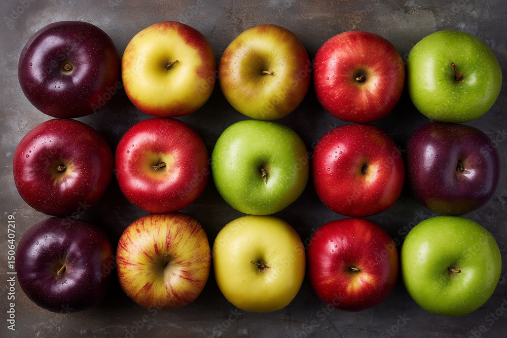 Poster a row of apples with different colors, including green, red, and yellow. the apples are arranged in 