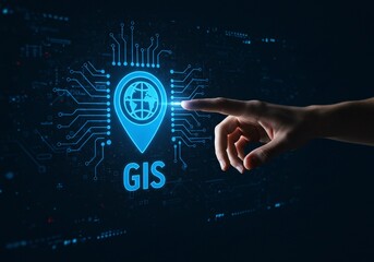 A businessman touching the icon and the word 'GIS' represents mapping, planning, decision-making, spatial data integration, visualization, and management in modern business operations and strategies.
