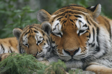 Fototapeta premium a couple of tigers laying next to each other