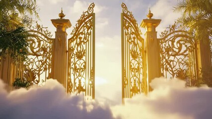 Gates of heaven. Ornate golden gates open on clouds, sunlight shining through. - Powered by Adobe